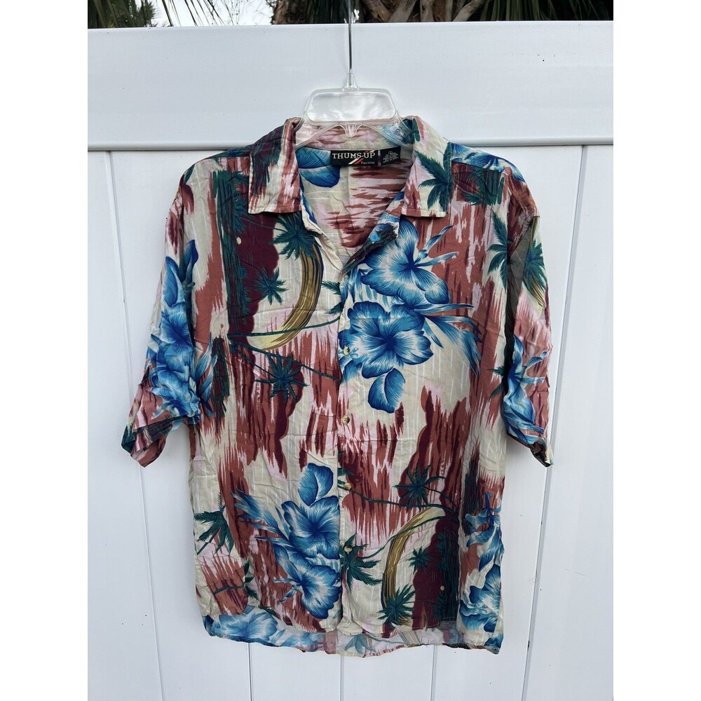 Thums Up Vintage Mens Hawaiian Button Up Multicolor Floral Short Sleeve Sz Large